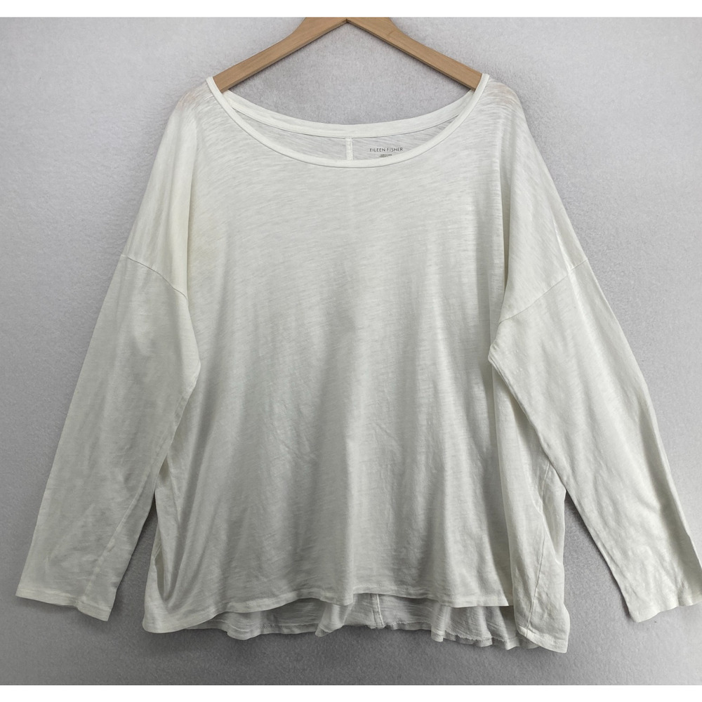 EILEEN FISHER Top XL Slub Organic Cotton Jersey Scoop Neck Drop Shoulder White